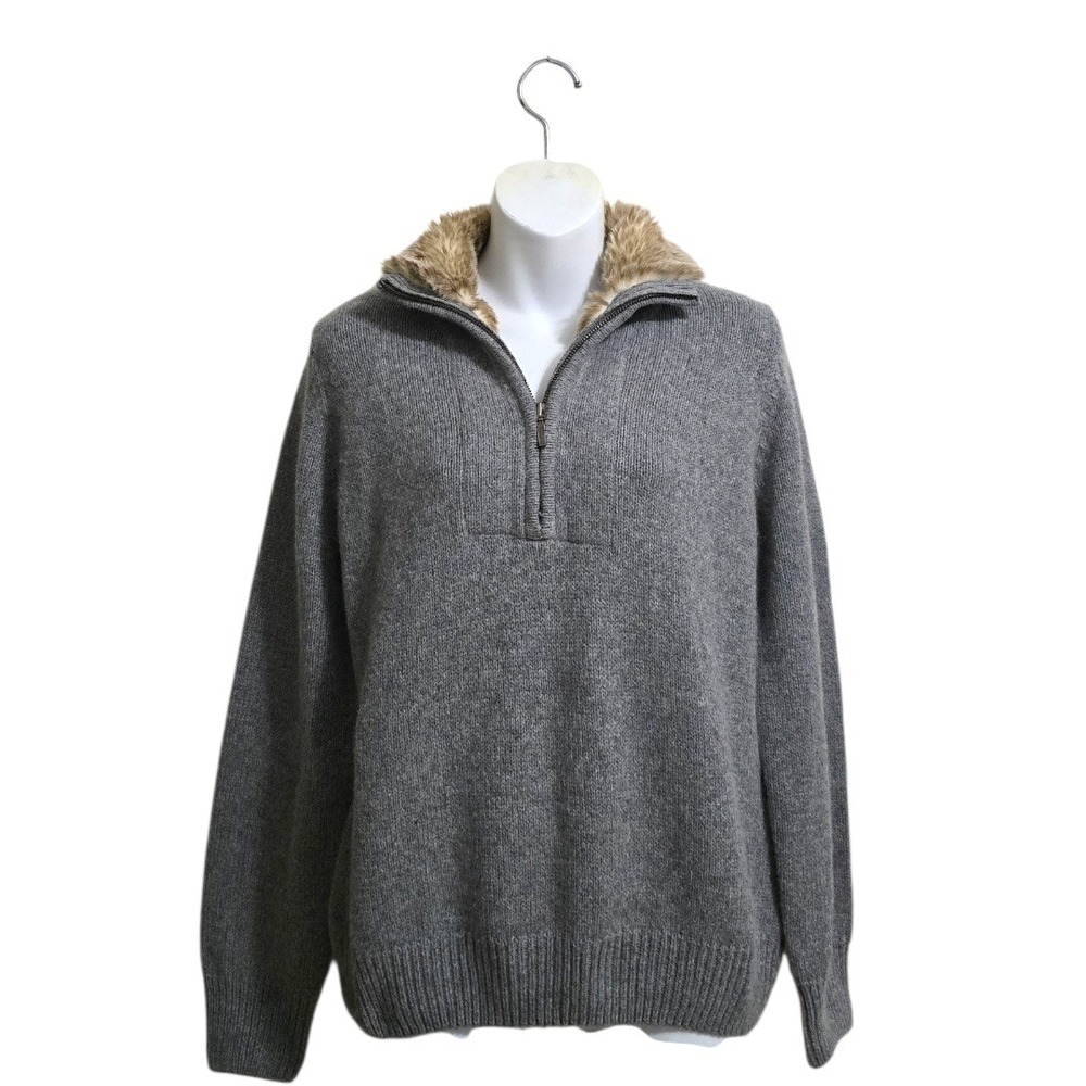 Eddie Bauer Gray Angora Blend Faux Fur Collar Quarter Zip Sweater Sz LP